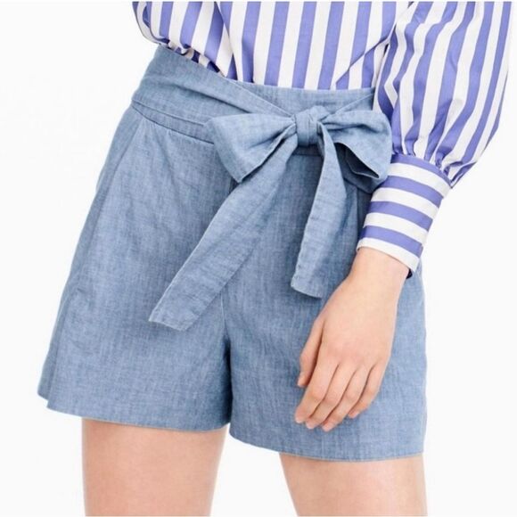 J. Crew Pants - J. Crew High Waisted Tie-waist chambray short Style AO597 size 10 cotton blue